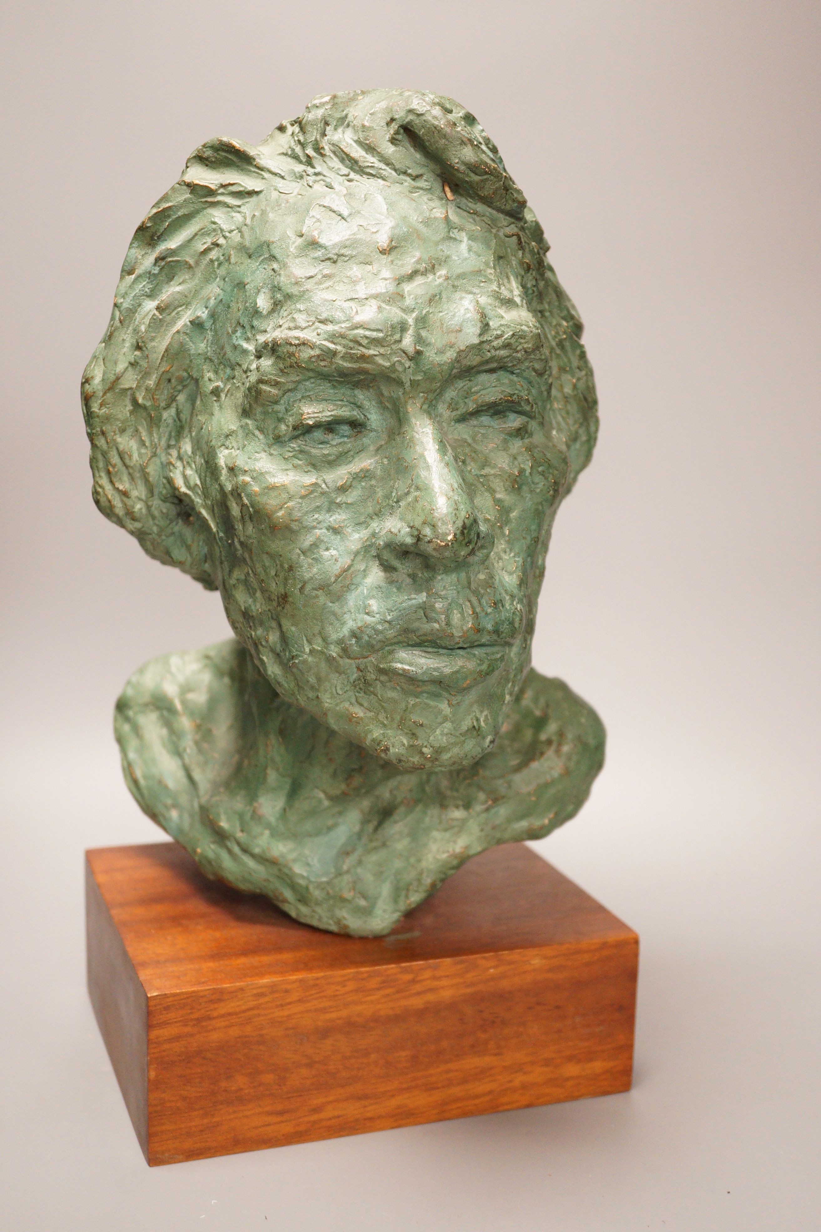 June Rolls, plaster bust of Larry Hodges on hardwood stand 42cm total height, Society of Portrait Sculptors 1978 exhibition at the Pall Mall Galleries label